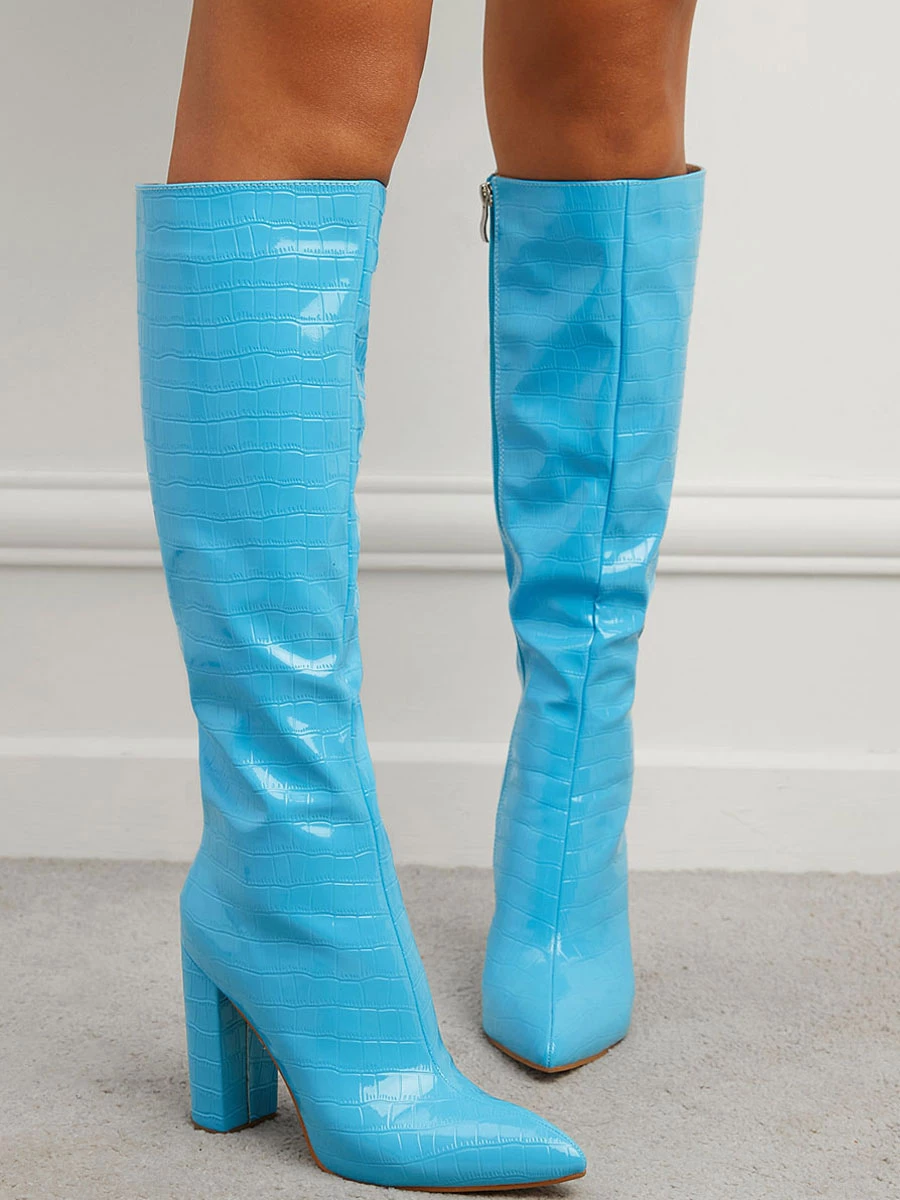 Women Croc Embossed Chunky Heel Knee-High Boots 8 Women Croc Embossed Chunky Heel Knee-High Boots - Image 8