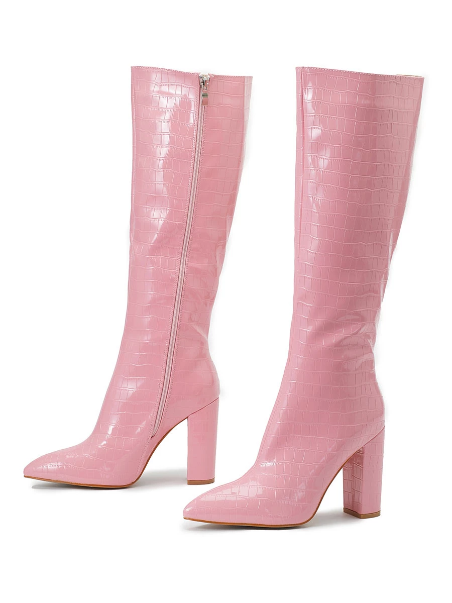 Women Croc Embossed Chunky Heel Knee-High Boots 5 Women Croc Embossed Chunky Heel Knee-High Boots - Image 5
