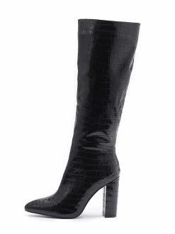 Women Croc Embossed Chunky Heel Knee-High Boots