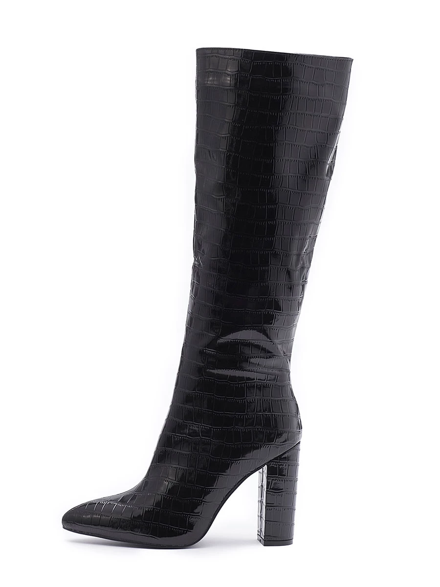 Women Croc Embossed Chunky Heel Knee-High Boots 1 Women Croc Embossed Chunky Heel Knee-High Boots