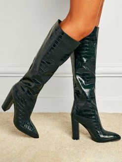 winter shoes Sales 2023 36 Women Boots Chunky Heel Pointed Toe PU Leather Deep Green Knee High Boots