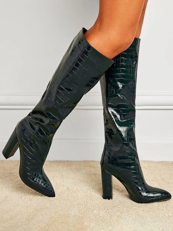 Women Boots Chunky Heel Pointed Toe PU Leather Deep Green Knee High Boots 1 Women Boots Chunky Heel Pointed Toe PU Leather Deep Green Knee High Boots