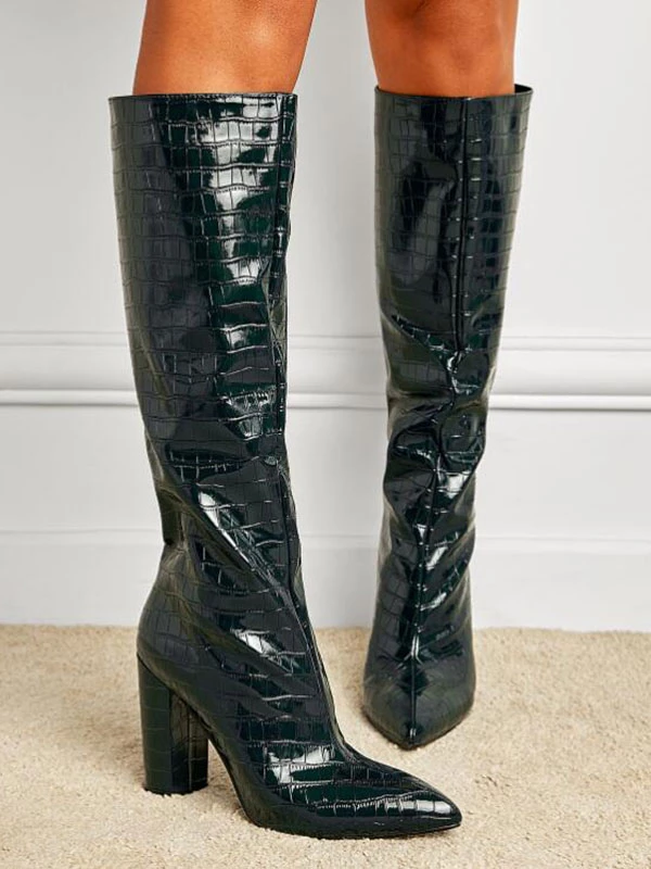 Women Boots Chunky Heel Pointed Toe PU Leather Deep Green Knee High Boots 2 Women Boots Chunky Heel Pointed Toe PU Leather Deep Green Knee High Boots - Image 2