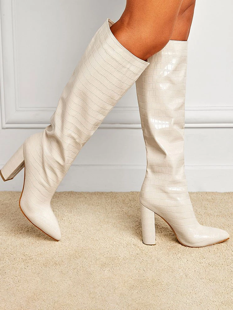 Women Boots Chunky Heel Pointed Toe PU Leather Deep Green Knee High Boots 3 Women Boots Chunky Heel Pointed Toe PU Leather Deep Green Knee High Boots - Image 3