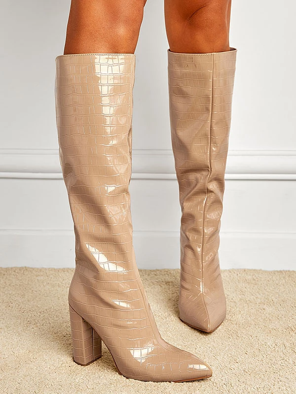 Women Boots Chunky Heel Pointed Toe PU Leather Deep Green Knee High Boots 5 Women Boots Chunky Heel Pointed Toe PU Leather Deep Green Knee High Boots - Image 5