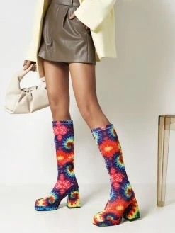 Women's Printed Platform Block Heel Knee-High Boots Square Toe -winter shoes Sales 2023 202202231404243682531