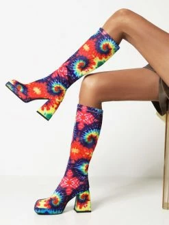 Women's Printed Platform Block Heel Knee-High Boots Square Toe -winter shoes Sales 2023 202202231404252489082