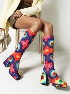 Women's Printed Platform Block Heel Knee-High Boots Square Toe -winter shoes Sales 2023 202202231404256288820