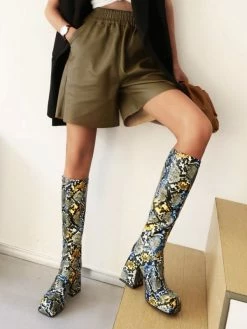 Women's Printed Platform Block Heel Knee-High Boots Square Toe