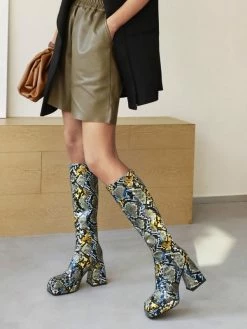 Women's Printed Platform Block Heel Knee-High Boots Square Toe -winter shoes Sales 2023 202202231404266669631