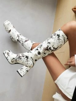 Women's Flower Print Block Heel Platform Knee High Boots -winter shoes Sales 2023 202202231404310366070