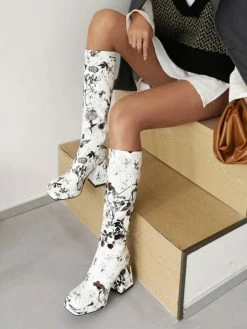 Women's Flower Print Block Heel Platform Knee High Boots -winter shoes Sales 2023 202202231404318365977