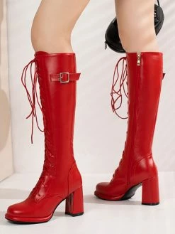Women's Platform PU Leather Chunky Heel Knee-High Boots