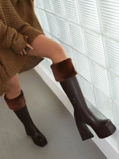 Women's Knee High Boots White Platform Square Toe PU Leather Chunky Heel Knee Boots -winter shoes Sales 2023 202208031753437911731