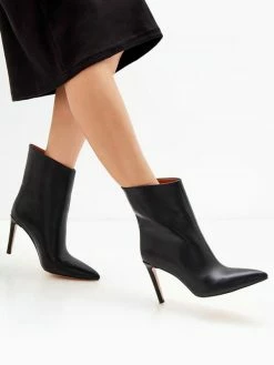 High Heel Booties Black PU Leather Pointed Toe Ankle Boots