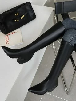 Women's Knee High Boots White Pointed Toe Chunky Heel Western Boots -winter shoes Sales 2023 2022080317553902757