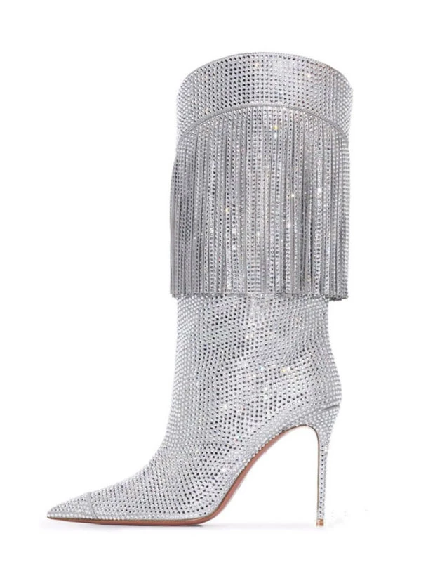 Women's Wide Calf Boots Rhinestones Pointed Toe Stiletto Heel Knee High Boots 1 Women's Wide Calf Boots Rhinestones Pointed Toe Stiletto Heel Knee High Boots