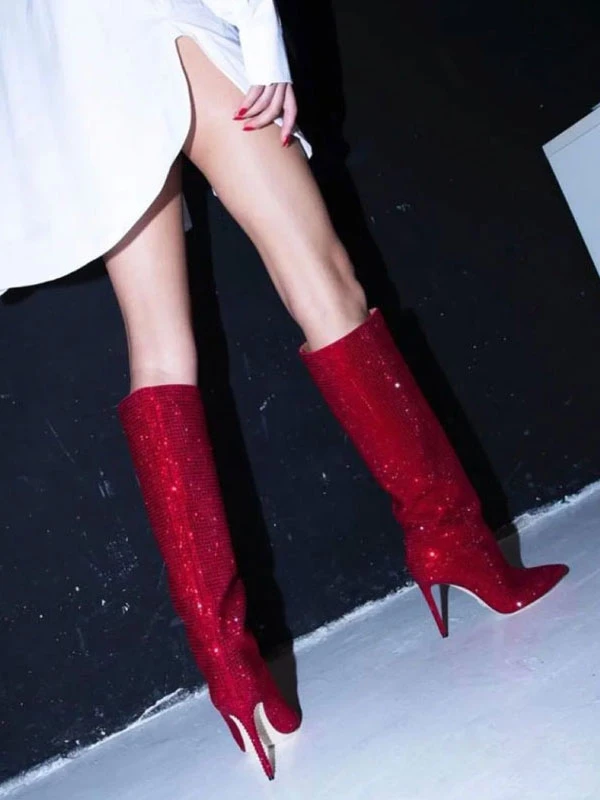 High Heel Wide Calf Boots Women Rhinestones Pointed Toe Stiletto Knee High Boots Sexy Party Shoes 8 High Heel Wide Calf Boots Women Rhinestones Pointed Toe Stiletto Knee High Boots Sexy Party Shoes - Image 8