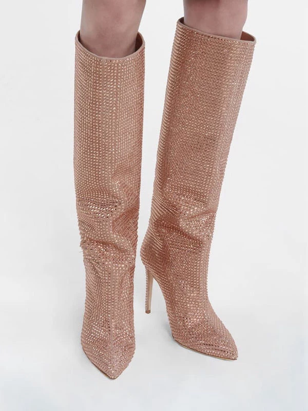 High Heel Wide Calf Boots Women Rhinestones Pointed Toe Stiletto Knee High Boots Sexy Party Shoes 5 High Heel Wide Calf Boots Women Rhinestones Pointed Toe Stiletto Knee High Boots Sexy Party Shoes - Image 5