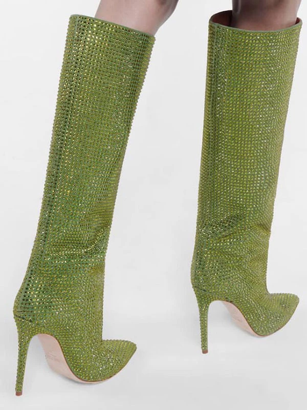 High Heel Wide Calf Boots Women Rhinestones Pointed Toe Stiletto Knee High Boots Sexy Party Shoes 4 High Heel Wide Calf Boots Women Rhinestones Pointed Toe Stiletto Knee High Boots Sexy Party Shoes - Image 4