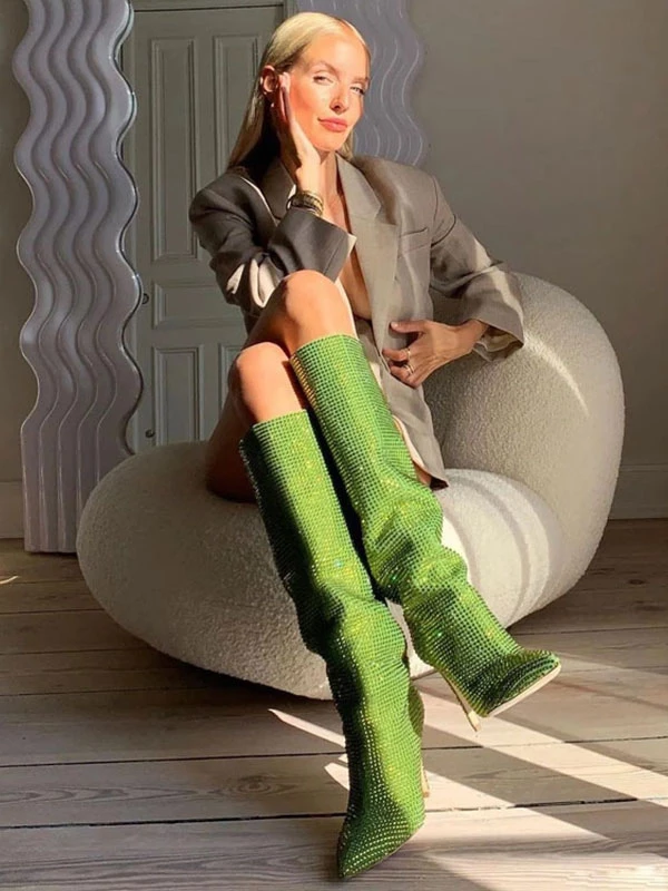 High Heel Wide Calf Boots Women Rhinestones Pointed Toe Stiletto Knee High Boots Sexy Party Shoes 6 High Heel Wide Calf Boots Women Rhinestones Pointed Toe Stiletto Knee High Boots Sexy Party Shoes - Image 6