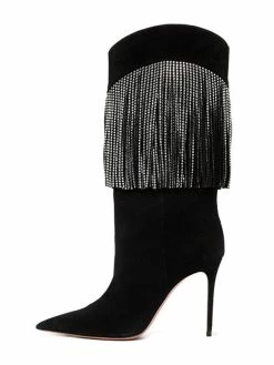 Women's Knee High Boots Black Suede Rhinestones Pointed Toe Stiletto Heel Boots