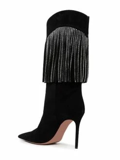 Women's Knee High Boots Black Suede Rhinestones Pointed Toe Stiletto Heel Boots -winter shoes Sales 2023 202208081557086541689