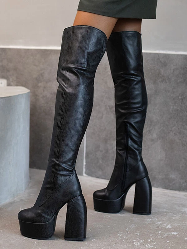 Women's Thigh High Boots Round Toe Platform Stiletto Heel PU Leather 1 Women's Thigh High Boots Round Toe Platform Stiletto Heel PU Leather