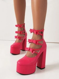 Women's High Heel Booties PU Leather Round Toe Platform Bow Detail Chunky Heel Ankle Boots