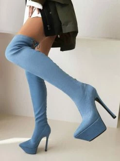 Women's Thigh High Boots Pointed Toe Platform Stiletto Heel Lace Up Elastic Boots
