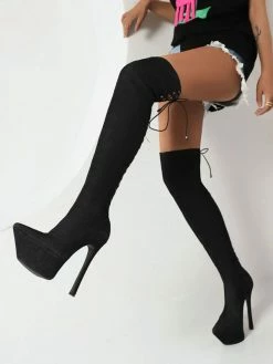 Women's Thigh High Boots Pointed Toe Platform Stiletto Heel Lace Up Elastic Boots -winter shoes Sales 2023 202209101615524457582
