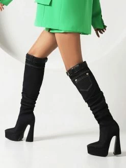 Women's Knee High Boots Denim Platform Buckle Detail Chunky Heel Boots -winter shoes Sales 2023 202209101617004517734