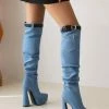 Women's Knee High Boots Denim Platform Buckle Detail Chunky Heel Boots