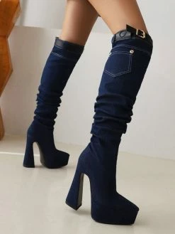 Women's Knee High Boots Denim Platform Buckle Detail Chunky Heel Boots -winter shoes Sales 2023 20220910161702228463