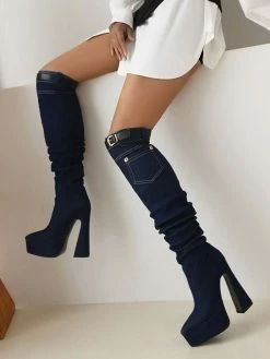 Women's Knee High Boots Denim Platform Buckle Detail Chunky Heel Boots -winter shoes Sales 2023 202209101617028277534