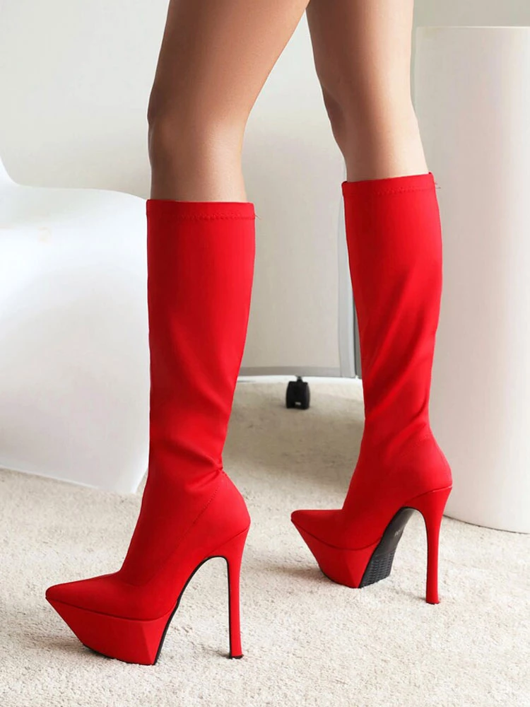 Women's Elastic Boots Platform Stiletto Heel Knee High Boots 5 Women's Elastic Boots Platform Stiletto Heel Knee High Boots - Image 5