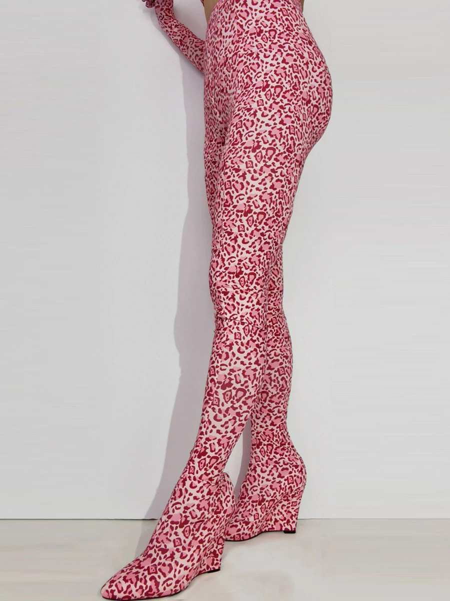 Women's Pant Shoes Leopard Printed Wedge Heel Elastic Thigh High Boots 2 Women's Pant Shoes Leopard Printed Wedge Heel Elastic Thigh High Boots - Image 2