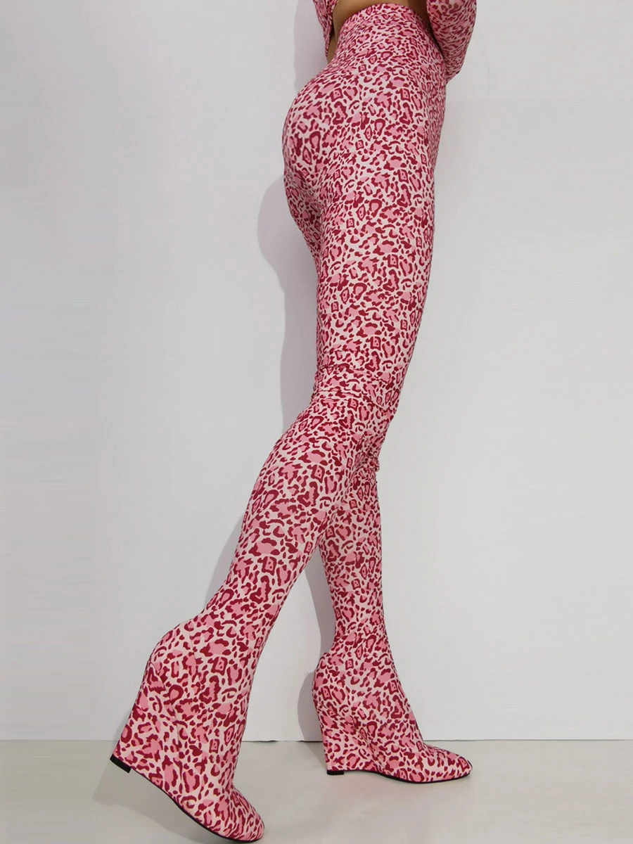 Women's Pant Shoes Leopard Printed Wedge Heel Elastic Thigh High Boots 4 Women's Pant Shoes Leopard Printed Wedge Heel Elastic Thigh High Boots - Image 4