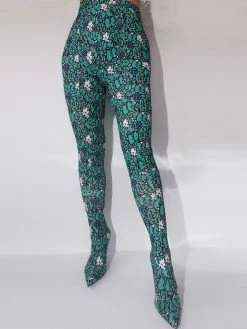 Women's Tigh High Boots Pointed Toe Floral Printed Stiletto Heel Elastic Pant Shoes