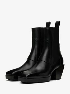 Men's High Heel Boots Black Faux Fur Square Toe Chelsea Boots