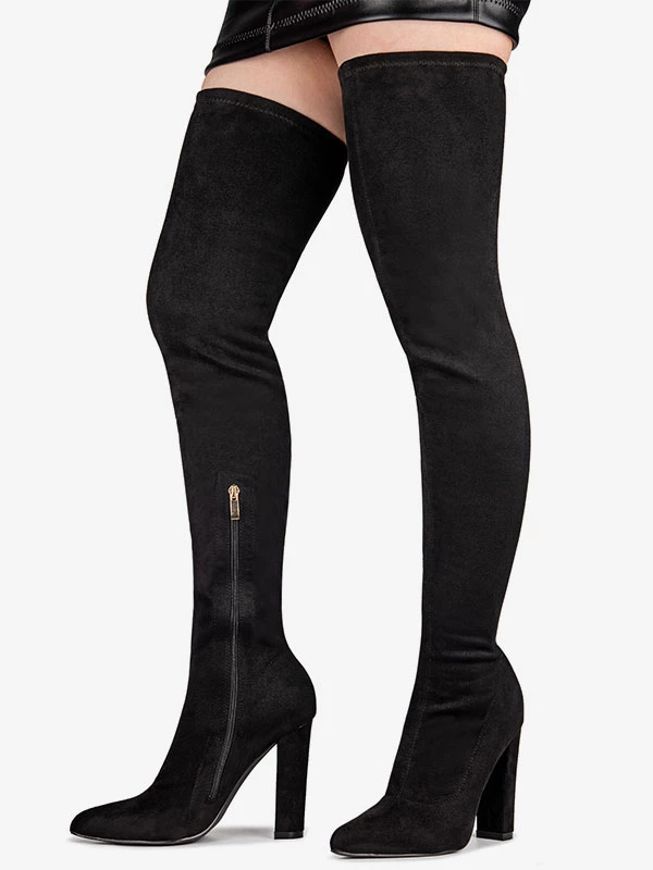 Women's Tigh High Boots Pointed Toe Chunky Heel Elastic Fabric 5 Women's Tigh High Boots Pointed Toe Chunky Heel Elastic Fabric - Image 5