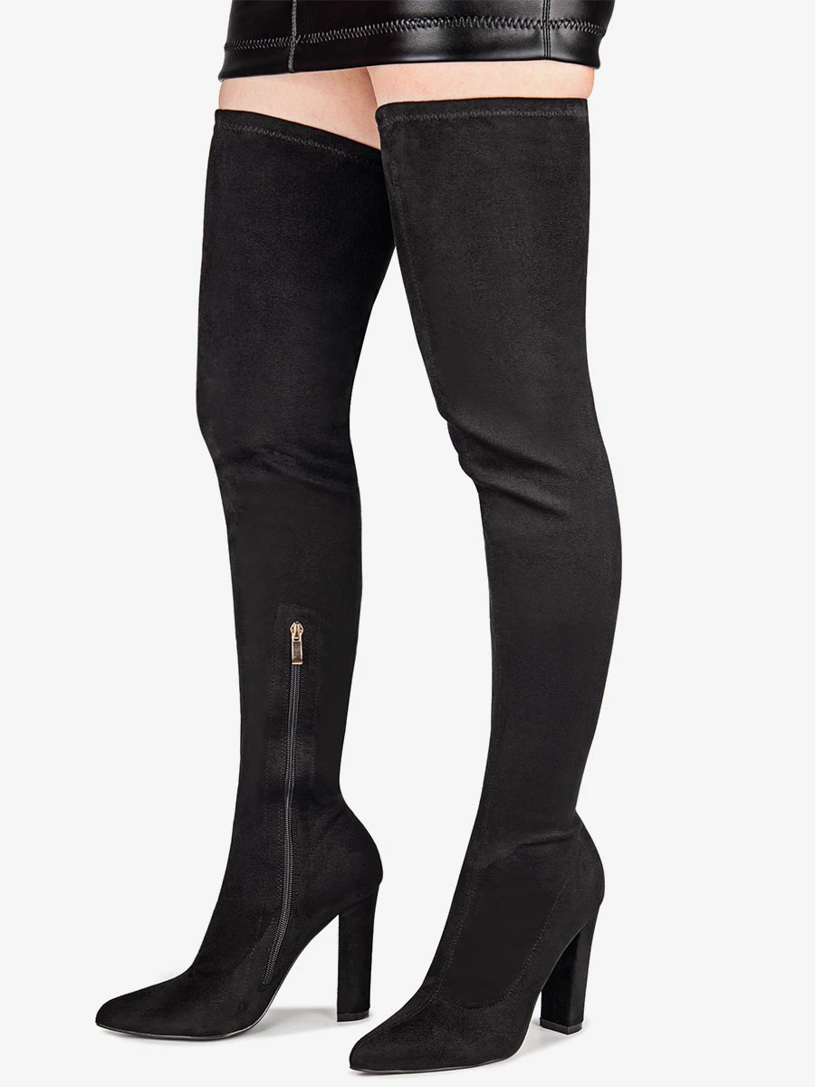 Women's Tigh High Boots Pointed Toe Chunky Heel Elastic Fabric 4 Women's Tigh High Boots Pointed Toe Chunky Heel Elastic Fabric - Image 4