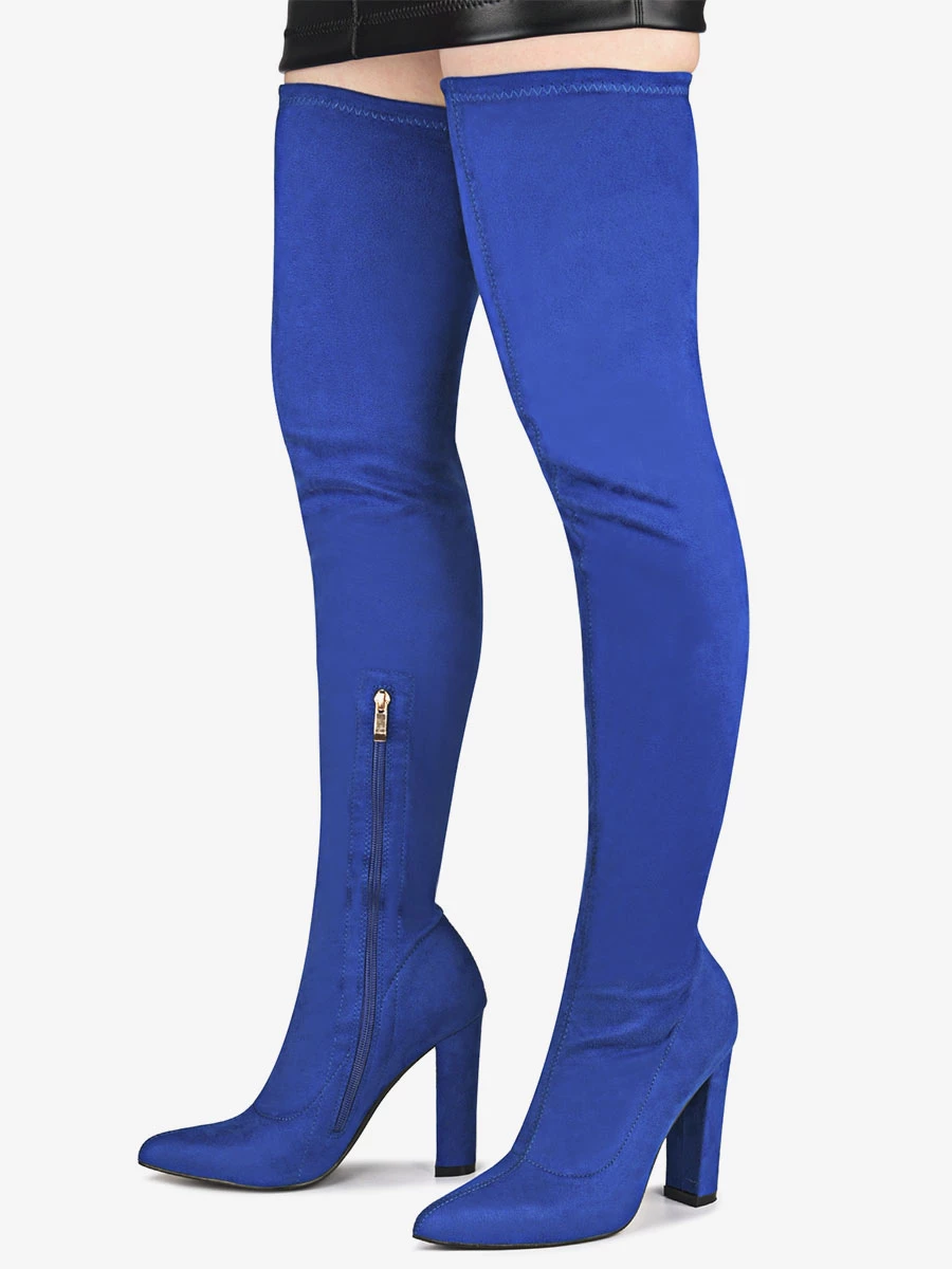 Women's Tigh High Boots Pointed Toe Chunky Heel Elastic Fabric 2 Women's Tigh High Boots Pointed Toe Chunky Heel Elastic Fabric - Image 2