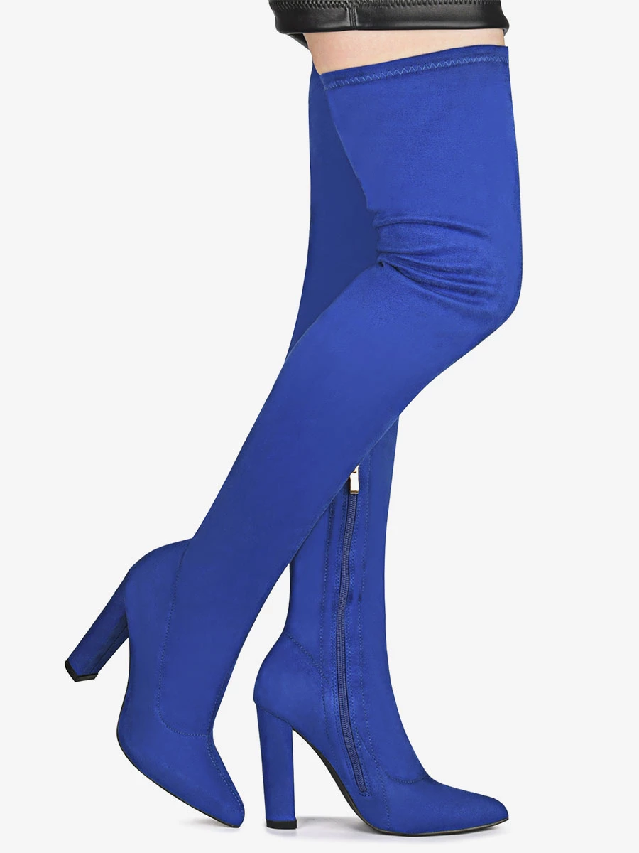 Women's Tigh High Boots Pointed Toe Chunky Heel Elastic Fabric 3 Women's Tigh High Boots Pointed Toe Chunky Heel Elastic Fabric - Image 3