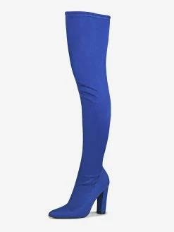 Women's Tigh High Boots Pointed Toe Chunky Heel Elastic Fabric