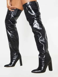 Women's Tigh High Boots Chunky Heel PU Leather Slouch Over The Knee Boots
