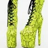 Women Sexy Boots Round Toe Lace Up Snake Print Stiletto Heel Rave Club Green Thigh High Boots Over The Knee Boots