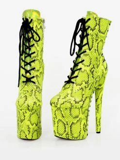 Women Sexy Boots Round Toe Lace Up Snake Print Stiletto Heel Rave Club Green Thigh High Boots Over The Knee Boots