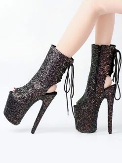 Women Sexy Boots Peep Toe Lace Up Stars Print Stiletto Heel Rave Club Black Thigh High Boots Over The Knee Boots