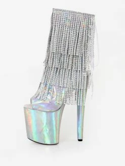 Sexy High Heel Boots Peep Toe Lace Up Printed Stiletto Heel Rave Club Silver Thigh High Boots Over The Knee Boots